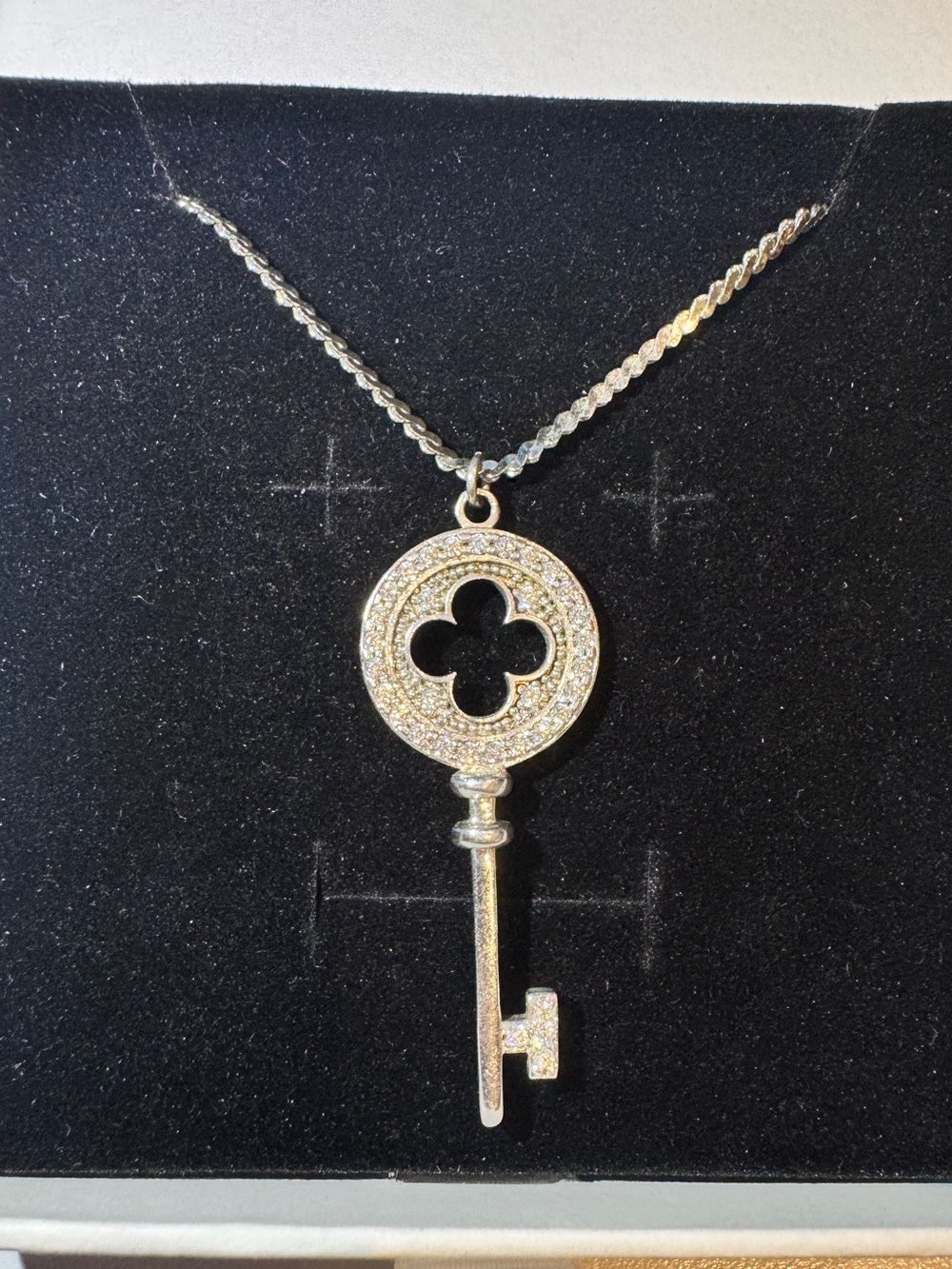 Vintage Silver tone Key Pendant Necklace with Crystal Accents